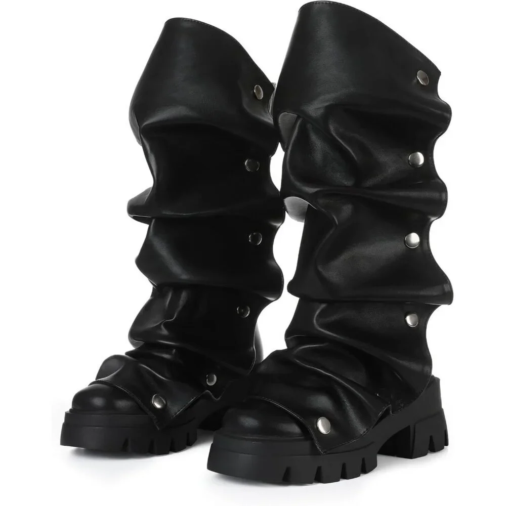 Women's Black Pu Fold Over Knee Slouchy Ruched Stacked Heel Round Toe Boots